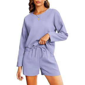 JACWERA Lounge Sets for Women Waffle Knit Long Sleeve Top and Bottoms with Pockets Loose-fit 2 Piece Pajama Outfit