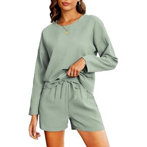 JACWERA Lounge Sets for Women Waffle Knit Long Sleeve Top and Bottoms with Pockets Loose-fit 2 Piece Pajama Outfit