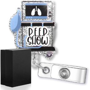 Peep Show Funny Lung Peep Ventilator Glitter Badge Reel with ID Clip, Retractable RRT Badge Holder for RT Pulmonology Nurse Doctor Pulmonologist, Respiratory Therapist Gifts