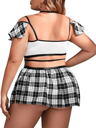 WDIRARA Women's Plus Size Tartan School Girl Costume Sexy Lingerie Set Bralette and Skirt in Kuwait