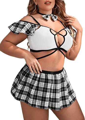 WDIRARA Women's Plus Size Tartan School Girl Costume Sexy Lingerie Set Bralette and Skirt in Kuwait