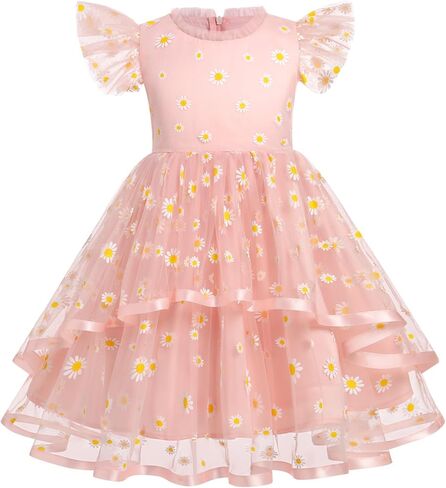 ODASDO Girls Tutu Tulle Ruffle Sleeve A-line Princess Dresses for Birthday Party Pageant Evening Holiday Formal Occasion in Kuwait