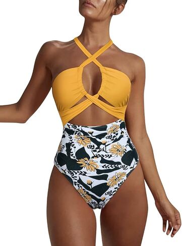 Hilor Women's One Piece Swimsuit Sexy Cutout Halter Bathing Suits Crossover High Cut Monokini Swimwear in Kuwait