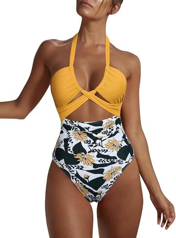 Hilor Women's One Piece Swimsuit Sexy Cutout Halter Bathing Suits Crossover High Cut Monokini Swimwear in Kuwait