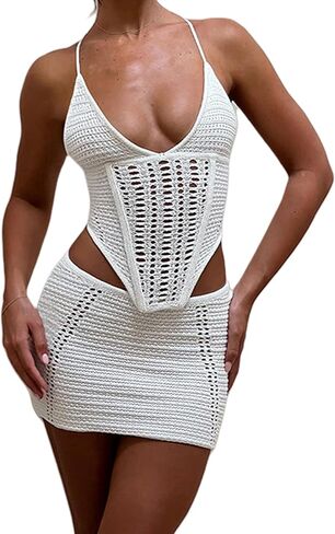 Women's Tank Top Mini Skirt Set 2 Piece Swimsuit Pearl Rhinestone Bikini Cover Up Sheer Beach Swimwear Bathing Suit Coverups in Kuwait