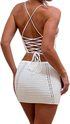 Women's Tank Top Mini Skirt Set 2 Piece Swimsuit Pearl Rhinestone Bikini Cover Up Sheer Beach Swimwear Bathing Suit Coverups in Kuwait