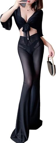 Aotasely Women's Formal Glitter Dresses Long Sleeve Double V Neck Dress Ruffle Slit Wrap Evening Gown Dress Cocktail in Kuwait