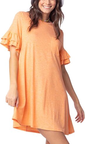 Model House International Women's T Shirts Mini Dress Ruffle Bell Short Sleeve French Terry Casual Loose Fit Chest Pocket in Saudi Arabia