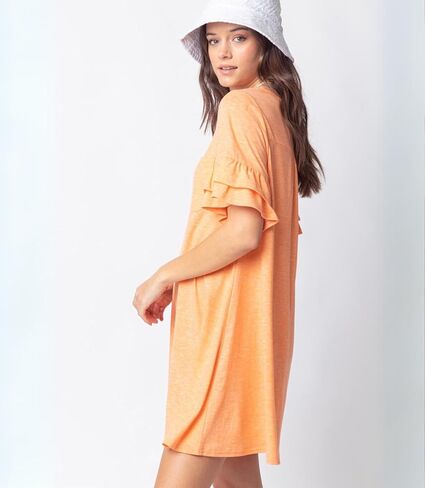 Model House International Women's T Shirts Mini Dress Ruffle Bell Short Sleeve French Terry Casual Loose Fit Chest Pocket in Saudi Arabia
