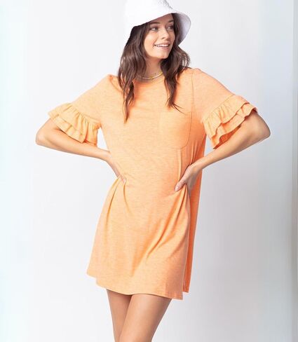 Model House International Women's T Shirts Mini Dress Ruffle Bell Short Sleeve French Terry Casual Loose Fit Chest Pocket in Saudi Arabia