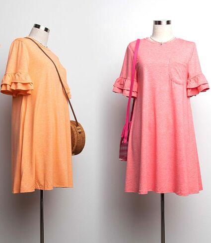 Model House International Women's T Shirts Mini Dress Ruffle Bell Short Sleeve French Terry Casual Loose Fit Chest Pocket in Saudi Arabia