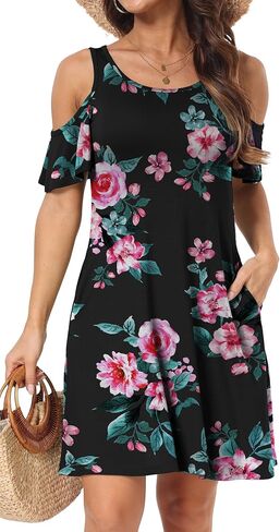 HAOMEILI Short/Long Sleeve Women's Cold Shoulder Dress with Pockets Casual Swing T-Shirt Dresses in Kuwait