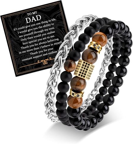 FANCIBAND Triple Stackable Obsidian Bracelets for Men, Natural Tiger Eye stone Mens Black Bead Bracelet Stainless Steel Chain Bracelet Set，Handmade Jewelry Encouragement Gifts for Men Teen Boys in Kuwait