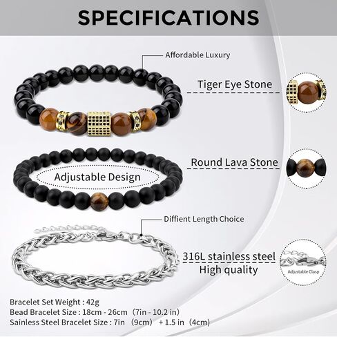 FANCIBAND Triple Stackable Obsidian Bracelets for Men, Natural Tiger Eye stone Mens Black Bead Bracelet Stainless Steel Chain Bracelet Set，Handmade Jewelry Encouragement Gifts for Men Teen Boys in Kuwait