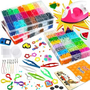 Fuse Beads Set of 72 Colors, 12600 Pcs 5mm Fuse Beads with Portable Mini Iron 5 Pegboards 5 Iron Paper 5 Adhesive Magnetic Discs 5 Tweezers 16 Keychains 8 Key Ropes with Hooks Booklet for Kids