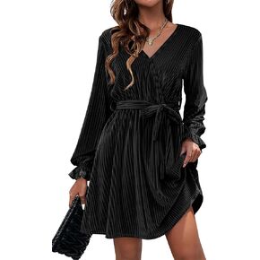 HOTOUCH Women's Vevlet Dress V Neck Wrap Dress Tie Waist Dress Aline Mini Dress with Belt Cocktail Dresses
