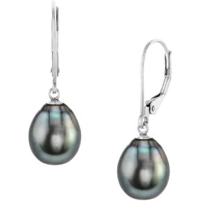 THE PEARL SOURCE Tahitian Real Pearl Earrings for Women - 14k Gold Leverback Earrings | Hypoallergenic Earrings with Genuine Drop Shape Tahitian Cultured Pearls, 8.0mm-12.0mm