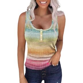 Rainbow Striped Ribbed Button Tank Tops Women Sleeveless Scoop Neck Henley Shirts Fahion Summer Basic Tunic Tops Blouse
