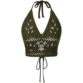 Milumia Women's Y2k Plant Print Crochet Halter Top Tie Back Knitted Crop Tops