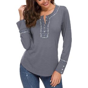 Urban CoCo Women's Long Sleeve Boho Shirt Embroidered Top