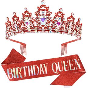 Birthday Queen Sash and Tiara for Women Crystal Tiara and Satin Kit for Girl Rhinestones Crown with Comb Glitter Hair Accessories for Prom Party Decoration Cake Topper Accessory Set with Pin (Black Tiara and Gold Sash Set)