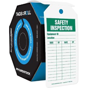 Accuform TAR716 Tags by-The-Roll Inspection and Status Record Tags, Legend "Safety Inspection", 6.25" Length x 3" Width x 0.010" Thickness, PF-Cardstock, Green on White (Pack of 100)