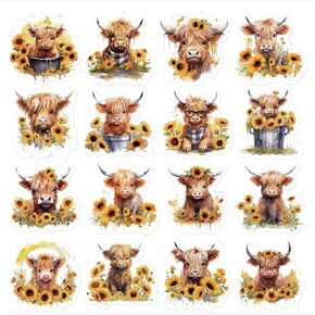 480Pcs Highland Cow Sticker Watercolor Brown Cow Sunflower Stickers Cute Self-Adhesive Cow Decals for Greeting Card Journal Scrapbook Decor Party Supplies