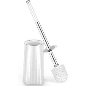 Toilet Brush, Compact Size Toilet Bowl Brush and Holder with Stainless Steel Handle, Small Size Plastic Holder Space Saving for Storage，Easy to Hide, Drip-Proof, Easy to Assemble, Deep Cleaning