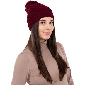 SAOL - 100% Merino Wool Irish Aran Cable Knit Bobble Hat for Women