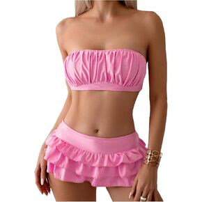WDIRARA Women's Strapless Ruched Ruffle Trim Swimsuit Bandeau Bikini Set Two Piece Bathing Suit