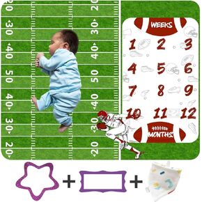 Football Sports Theme Baby Monthly Milestone Blanket Rugby Green Lawn Soccer Field Photo Background Mom Gifts for Baby Shower Party Props Newborn Growth Calendar Blanket 48x40inch BTOKKI0014 in Kuwait