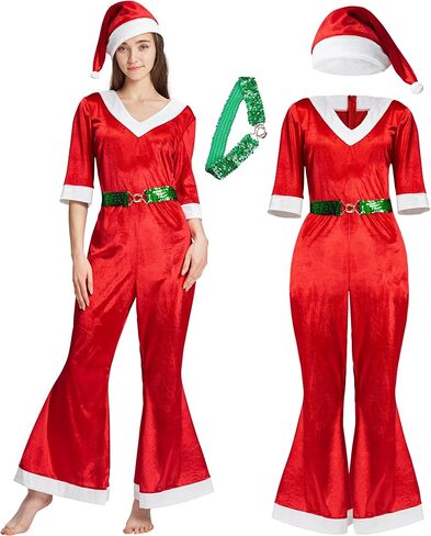 زي عيد الميلاد للنساء من AlecosFun، مجموعة حزام قبعة عيد الميلاد للسيدات البالغات، أزياء السيدة سانتا كلوز ذات الفراء المتوهج in Kuwait