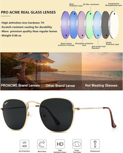 Pro Acme Vintage Square Sunglasses,Classic Glass Lens Metal Frame Retro Trendy Shade Sun Glasses in Kuwait