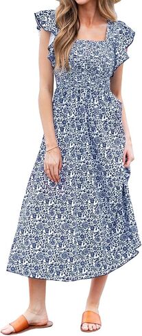 CUPSHE Women's Square Neck Striped Smocked Dress Ruffled Cap Sleeves Dress A Line Maxi Dress in Kuwait