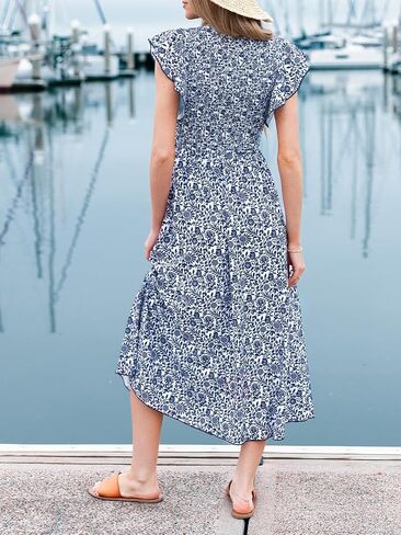 CUPSHE Women's Square Neck Striped Smocked Dress Ruffled Cap Sleeves Dress A Line Maxi Dress in Kuwait