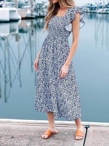 CUPSHE Women's Square Neck Striped Smocked Dress Ruffled Cap Sleeves Dress A Line Maxi Dress in Kuwait