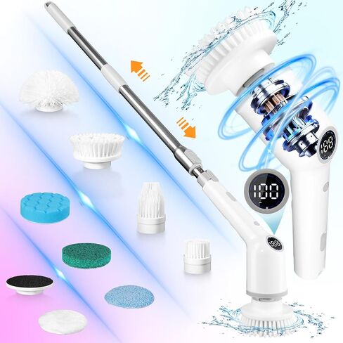 Electric Spin Scrubber with 3 Adjustable Speeds,Cordless Shower Cleaning Brush with 8 Replaceable Brush Heads,Adjustable Extension Handle Power Cleaning Brush for Bathroom Car Floor Grey in Kuwait