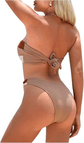 WDIRARA Women's 2 Piece Hollow Out Knotted Bandeau Swimsuit High Cut Color Block Tie Back Bikini Set in Saudi Arabia