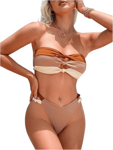 WDIRARA Women's 2 Piece Hollow Out Knotted Bandeau Swimsuit High Cut Color Block Tie Back Bikini Set in Saudi Arabia