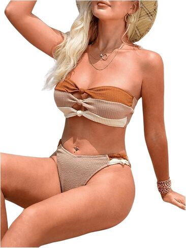 WDIRARA Women's 2 Piece Hollow Out Knotted Bandeau Swimsuit High Cut Color Block Tie Back Bikini Set in Saudi Arabia