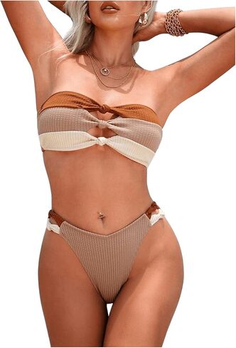 WDIRARA Women's 2 Piece Hollow Out Knotted Bandeau Swimsuit High Cut Color Block Tie Back Bikini Set in Saudi Arabia