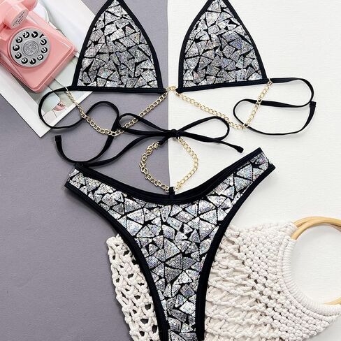 Women’s Shiny Glitter Chain Three Piece Swimsuit Sexy Halter Neck Top and Triangle Bottom Bikini Set in Saudi Arabia