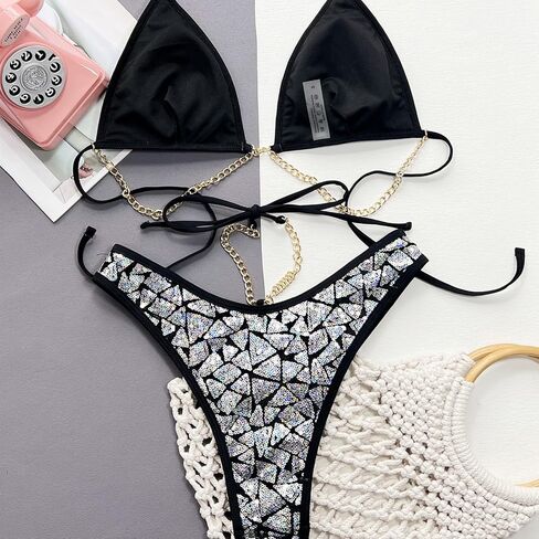 Women’s Shiny Glitter Chain Three Piece Swimsuit Sexy Halter Neck Top and Triangle Bottom Bikini Set in Saudi Arabia
