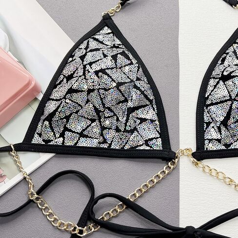 Women’s Shiny Glitter Chain Three Piece Swimsuit Sexy Halter Neck Top and Triangle Bottom Bikini Set in Saudi Arabia
