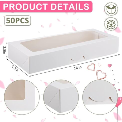 50 عبوة من علب البسكويت مقاس 40.64 سم × 16.5 سم × 6.35 سم مع نافذة، صناديق مخبوزات طويلة، صناديق حلوى منبثقة تلقائيًا لنبيذ عيد الحب، الماكارون، الفراولة، الشوكولاتة، الكعك، المعجنات in Kuwait