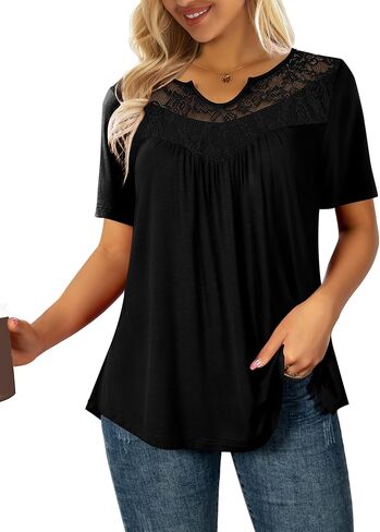 LIENRIDY المرأة الصيف حجم كبير بلايز 2023 قمصان قصيرة الأكمام الدانتيل مطوي تونك القمم M-3X in Kuwait