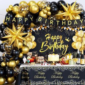Black and Gold Birthday Decorations for Men Women, 71pcs Black and Gold Party Decorations with Backdrop, Tablecloth, Gold Starburst Foil Balloons, Banner, Balloon Arch for Birthday Party Decorations
