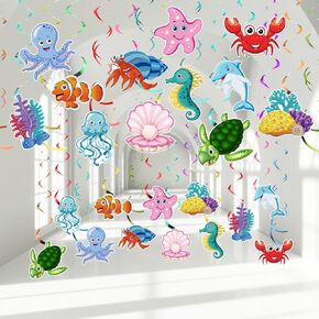 30 Pieces Sea Animals Hanging Swirl Decorations Under the Sea Birthday Party Ceiling Decor for Boys Girls Ocean Mermaid Creatures Baby Shower Tropic Fish Beach Party Favors Supplies
