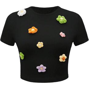 Verdusa Women's Floral Appliques Crop Tee Top Short Sleeve Round Neck T Shirts