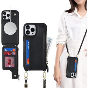 for iPhone 15 Pro case with Credit Card Holder Phone Lanyard mag Safe for Women, fits iPhone 15 Pro Phone Leather Case with Zipper Wallet Compatible Wallet Case-Black